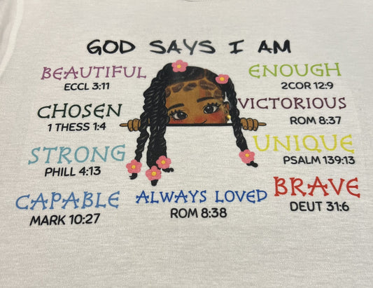 Design with God Says I Am and colorful faith affirmations with scripture references with a little black girl with braids