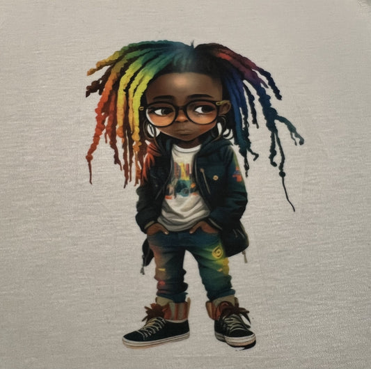 A graphic image of a cartoon character with a colorful afro hairstyle, wearing glasses, a jacket, and blue jeans.