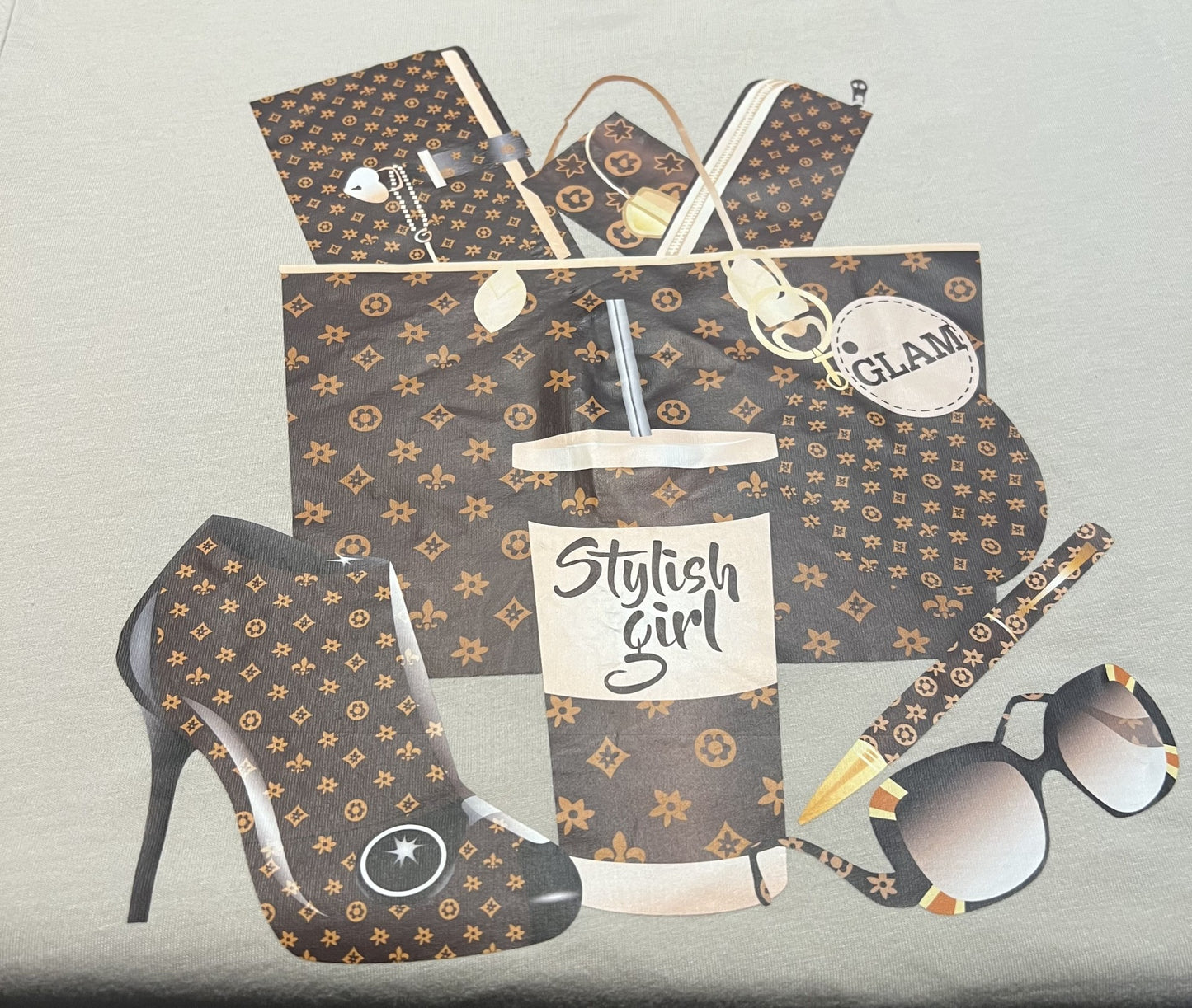 fashion collage design featuring heels, sunglasses, and shopping items