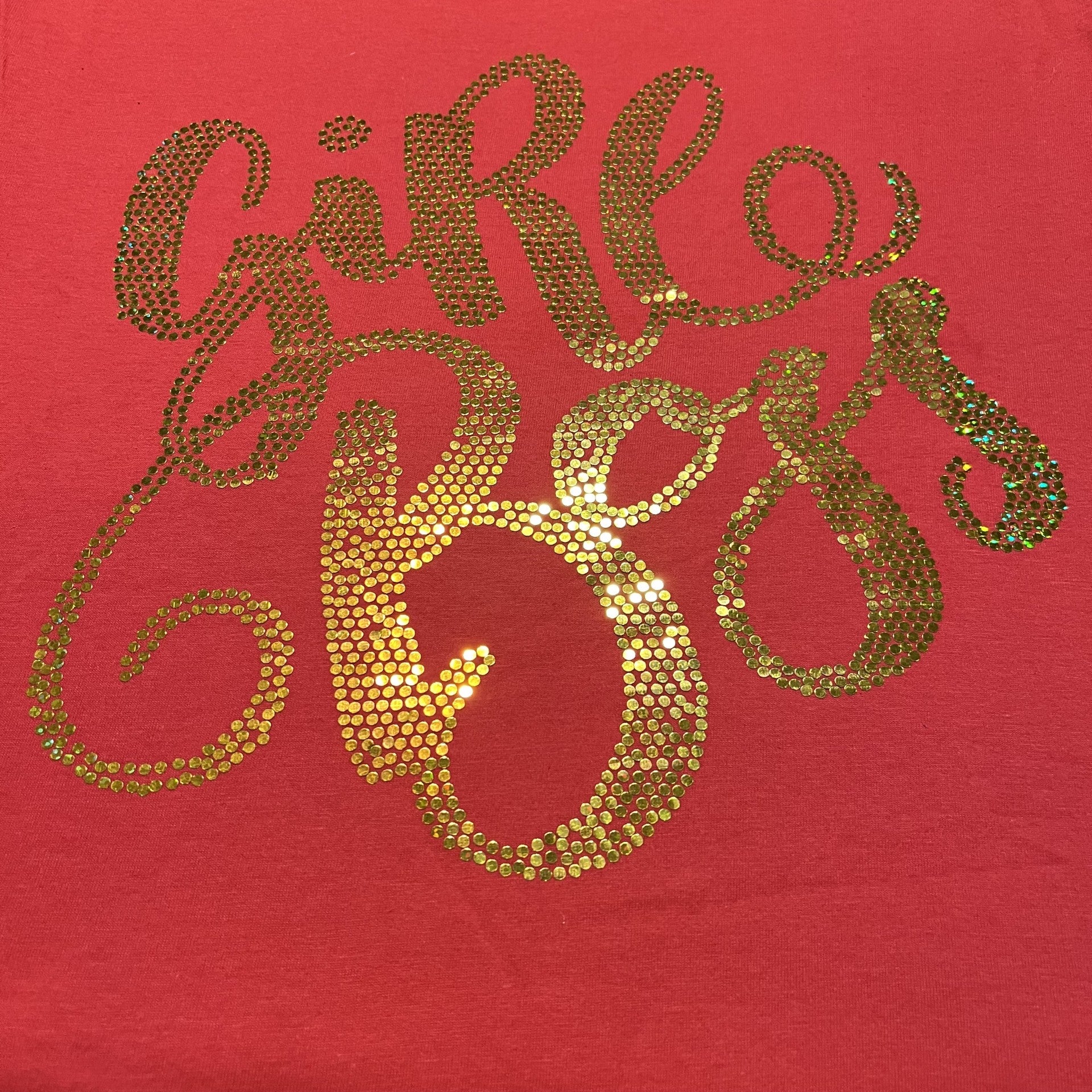 glitter style text that reads girl boss available in red