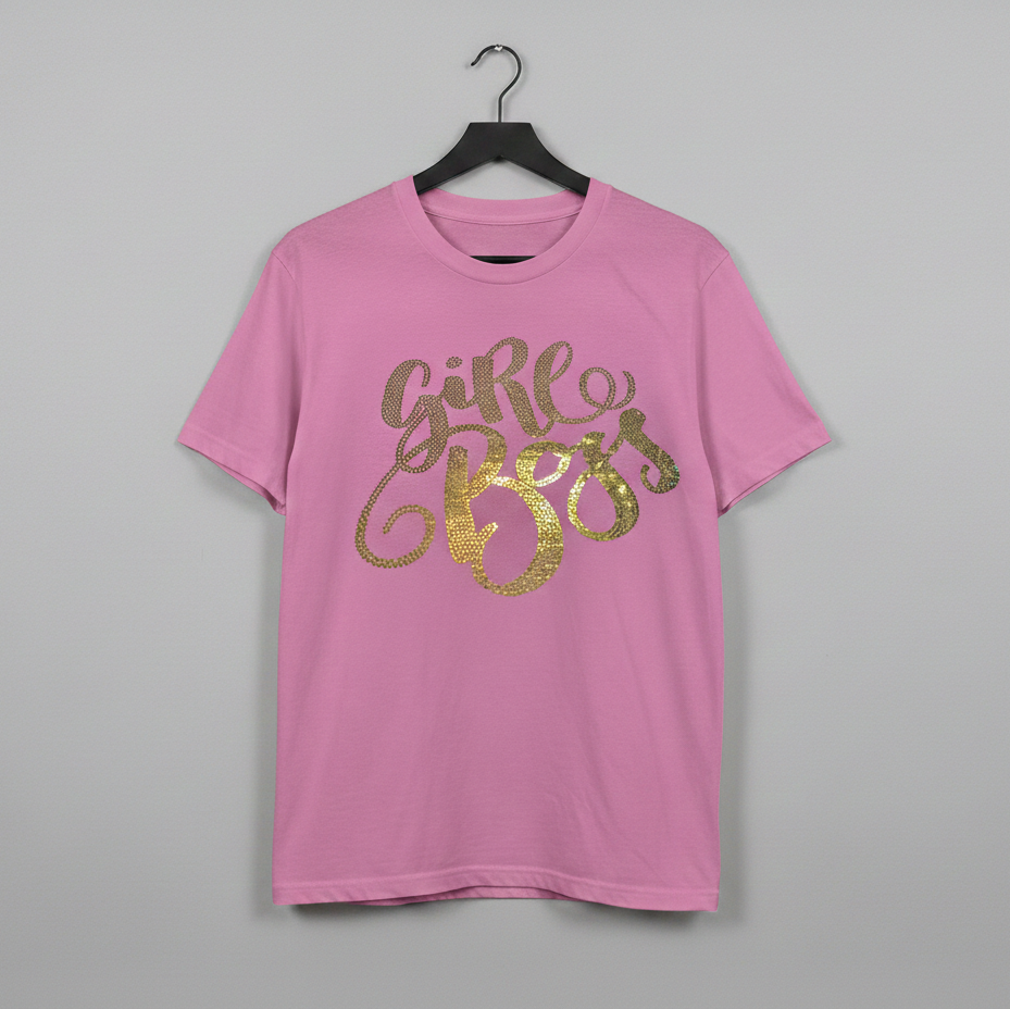 Graphic t shirt with glitter style text that reads girl boss available in pink