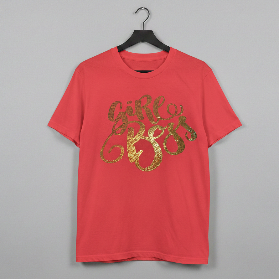 Graphic t shirt with glitter style text that reads girl boss available in red 