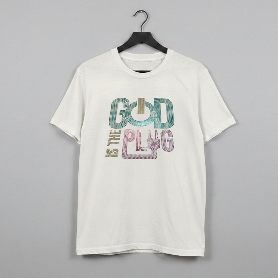 Rhinestone style graphic design that reads GOD IS THE PLUG in multicolor sparkle lettering