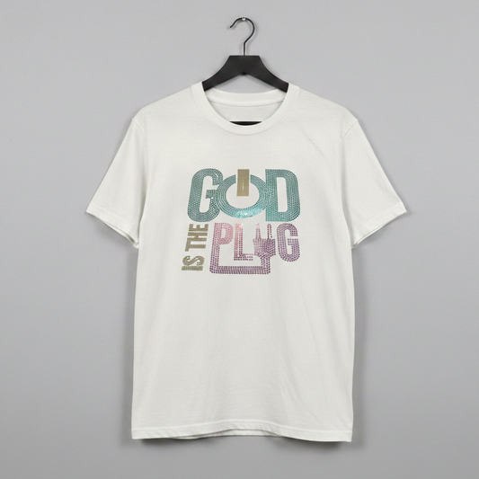 Rhinestone style graphic design that reads GOD IS THE PLUG in multicolor sparkle lettering