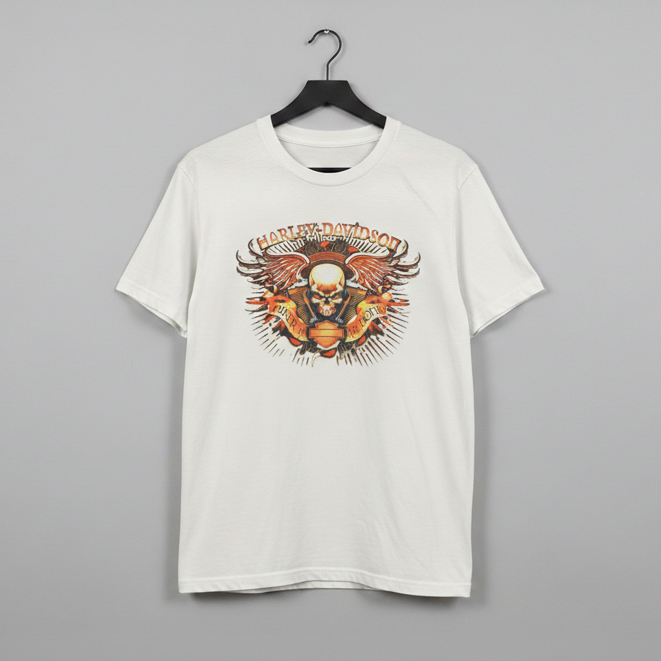 White graphic t shirt with skull and wings biker style design