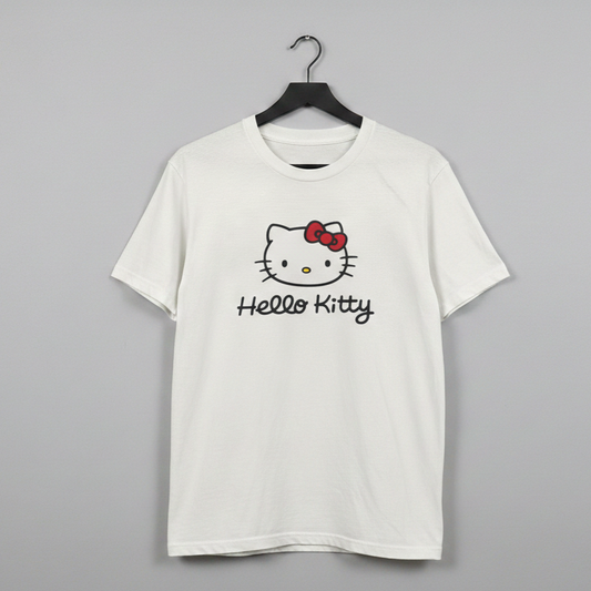 White t-shirt with Hello Kitty logo on a gray background