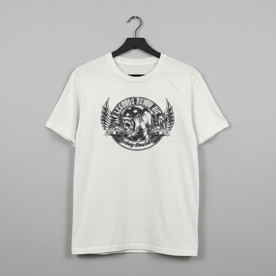 White graphic t shirt with winged helmet biker style design and legends never die text