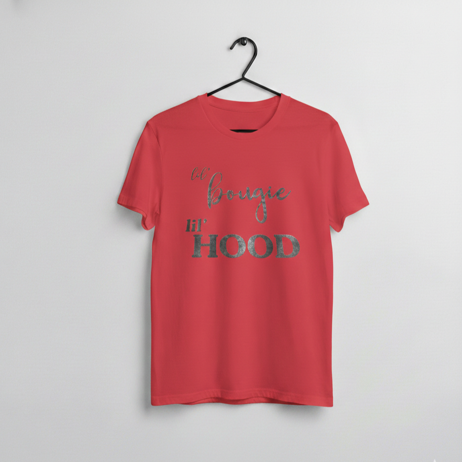 Red graphic t shirt with text that reads lil bougie lil hood
