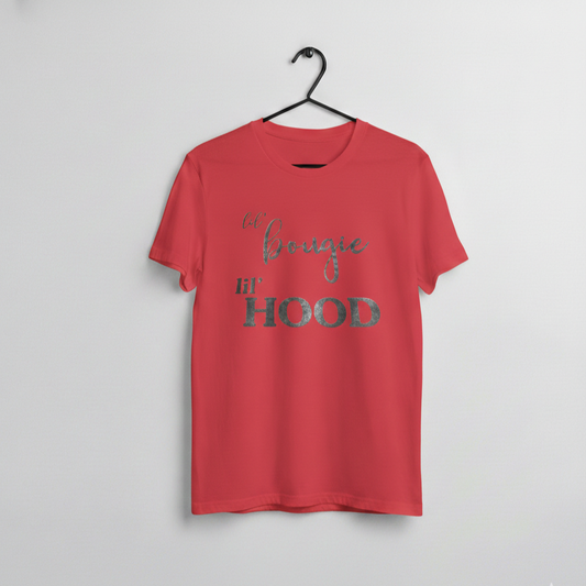 Red graphic t shirt with text that reads lil bougie lil hood