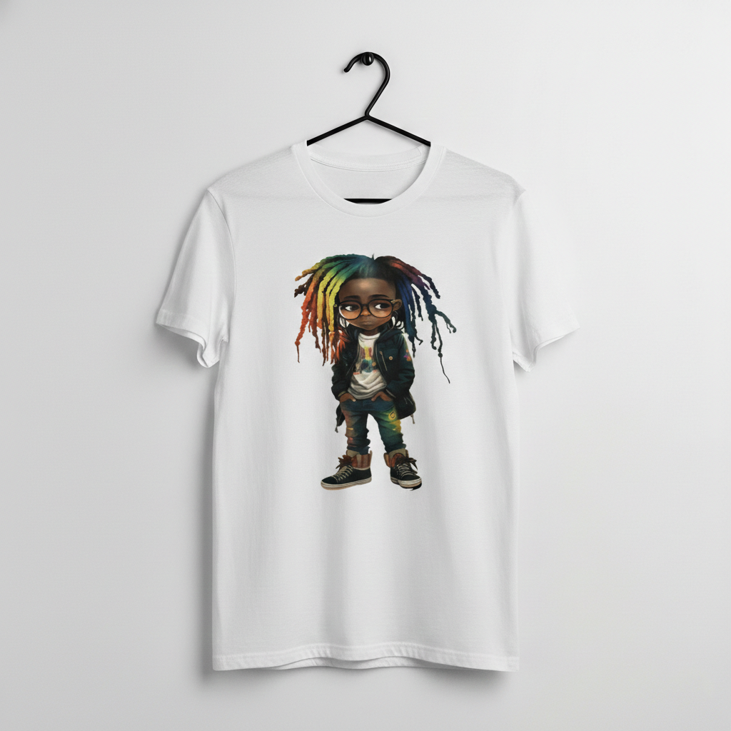 White graphic t shirt with cute character wearing glasses and rainbow locs