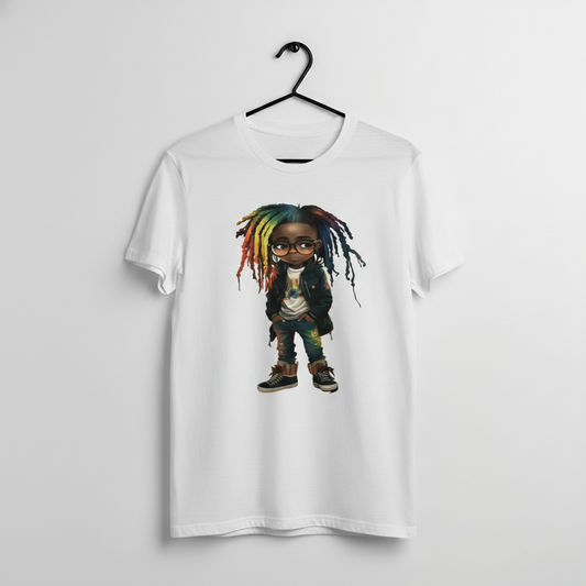 White graphic t shirt with cute character wearing glasses and rainbow locs