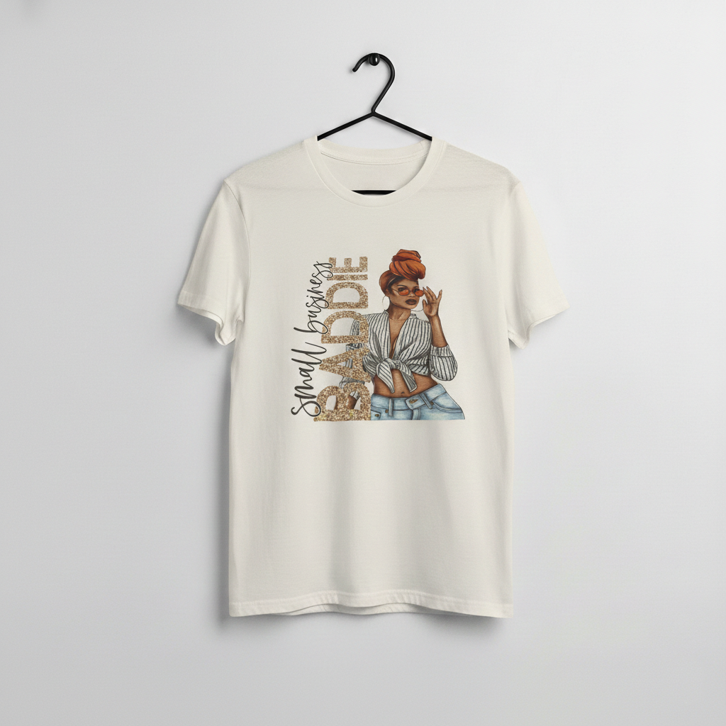 Small Business Baddie graphic tee with glitter style BADDIE text and stylish woman illustration wearing headwrap and sunglasses