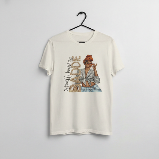 Small Business Baddie graphic tee with glitter style BADDIE text and stylish woman illustration wearing headwrap and sunglasses