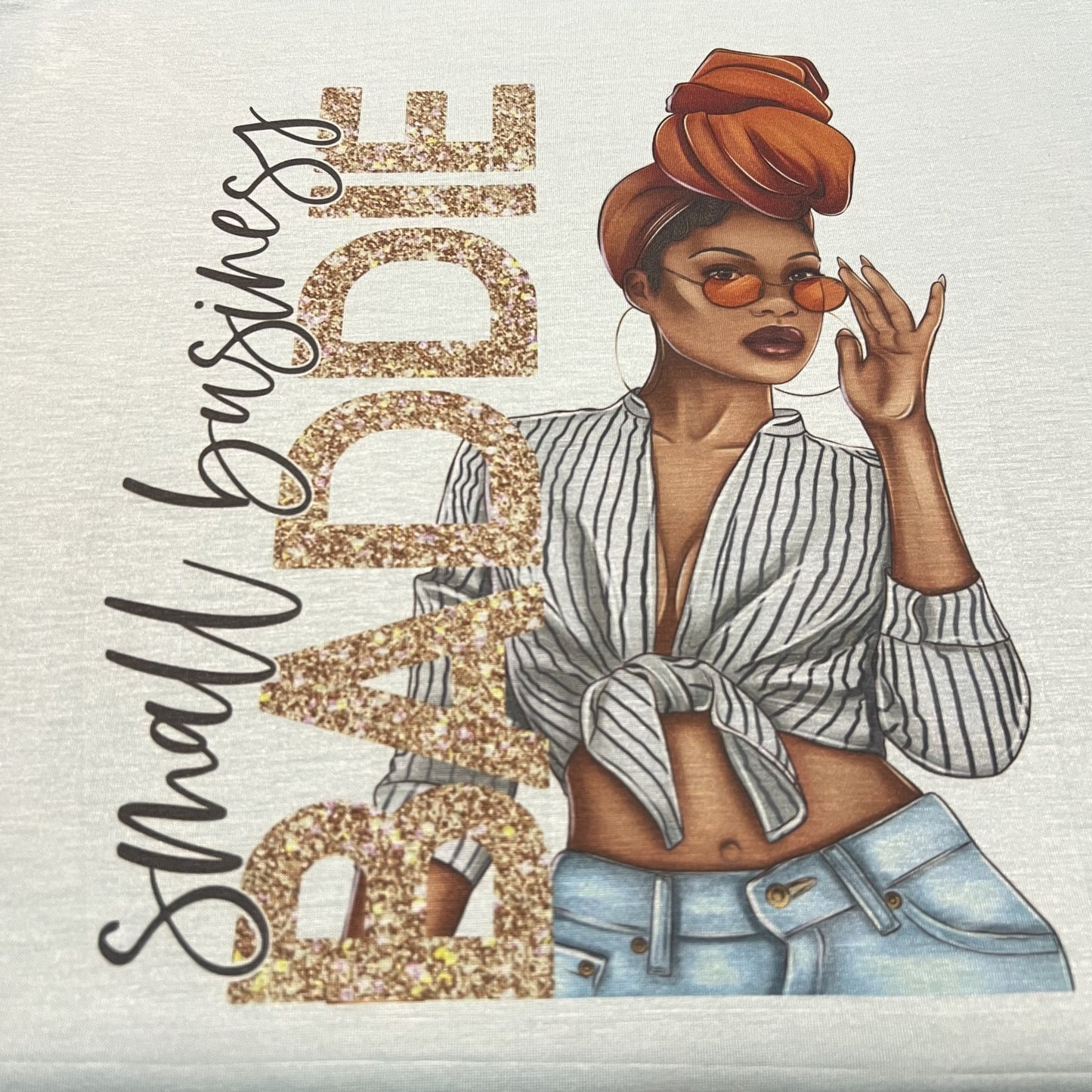 glitter style BADDIE text and stylish woman illustration wearing headwrap and sunglasses