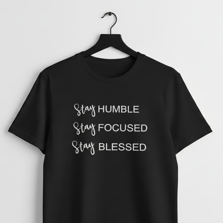Black graphic t shirt with white text that reads stay humble stay focused stay blessed