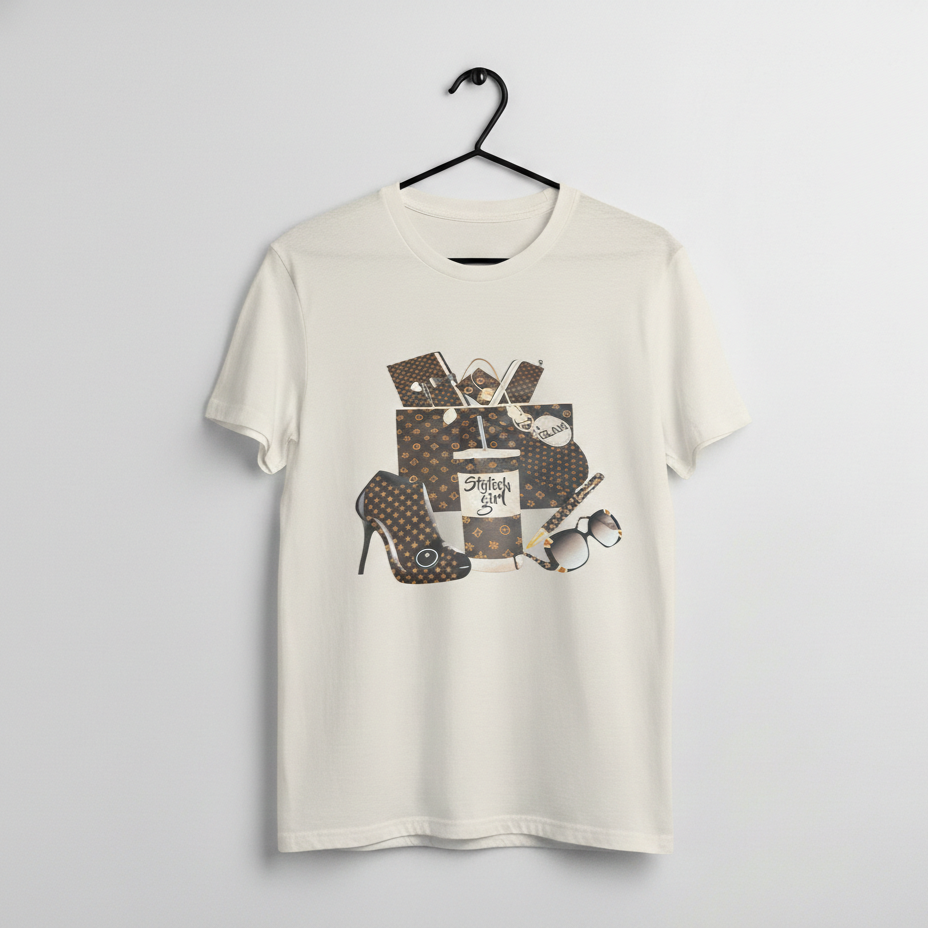 Cream graphic t shirt with fashion collage design featuring heels, sunglasses, and shopping items