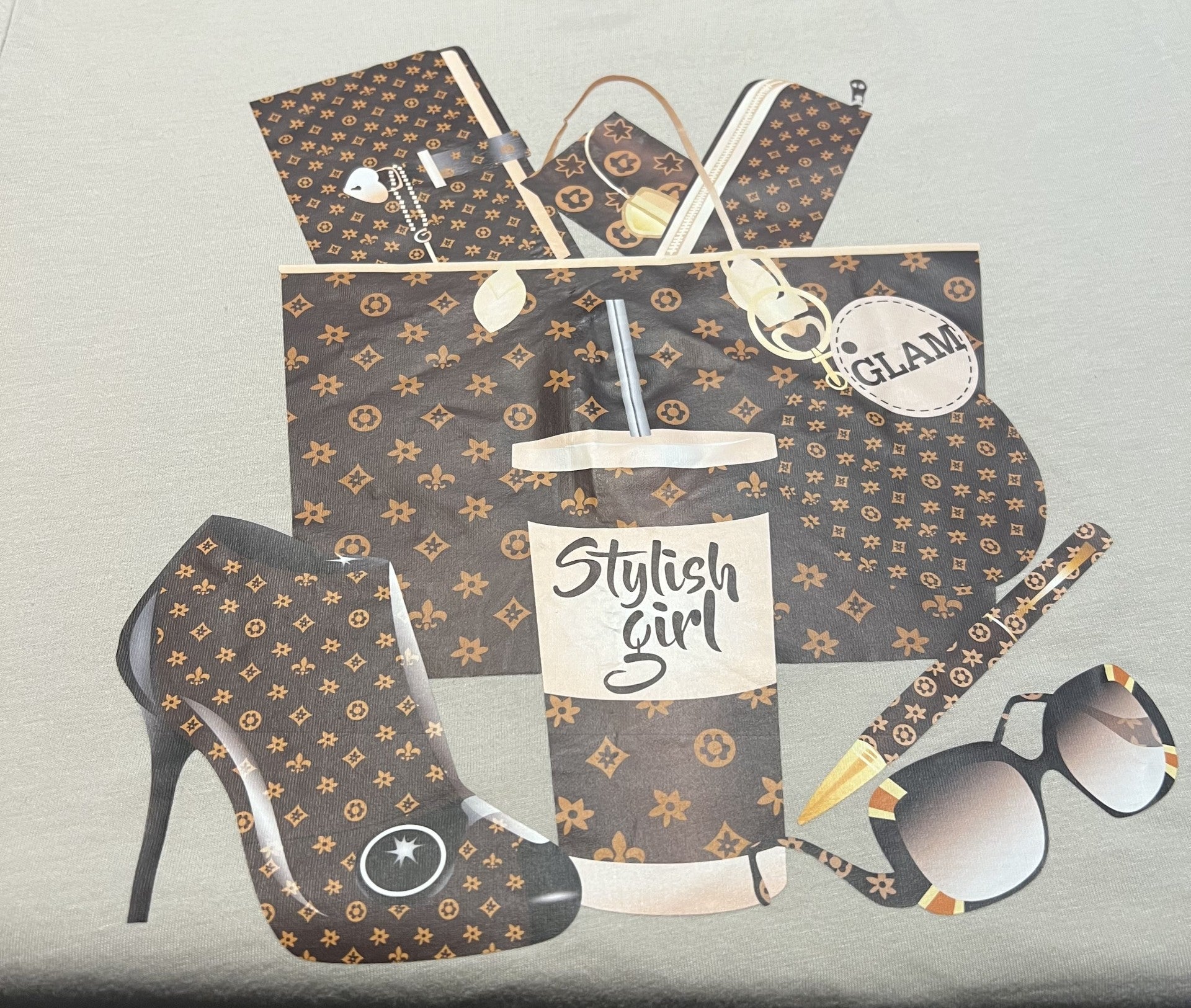 fashion collage design featuring heels, sunglasses, and shopping items
