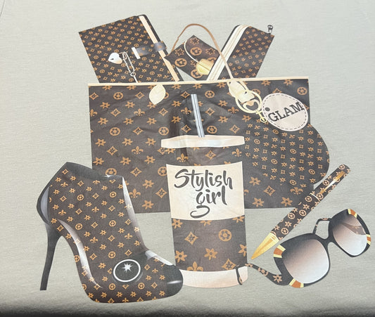 fashion collage design featuring heels, sunglasses, and shopping items