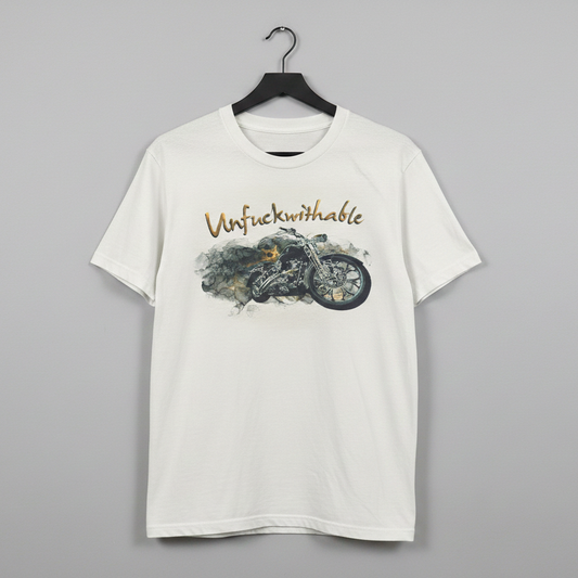White graphic t shirt with unfwithable text and motorcycle design